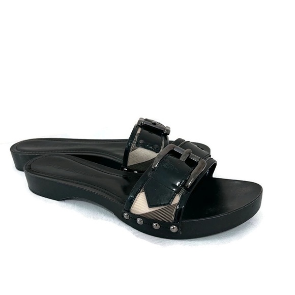 Burberry Itaca Womens Black Patent Leather Nova Check Buckle Slides 37.5 US 7 - Picture 1 of 14